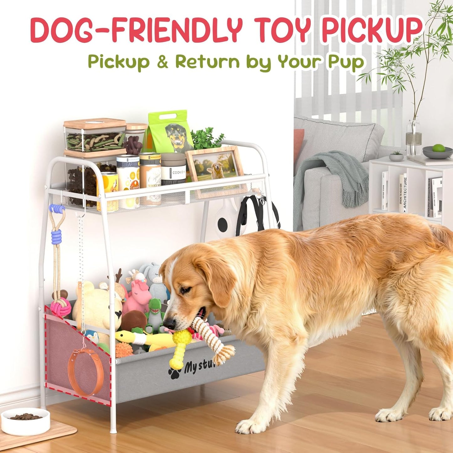 Large Dog Toy Basket, Toy Box for Dogs, Pet Toys Bin Dog Metal Wire Basket for Toys, Food Storage, Storage Organizer Chest Storage, Toy Box for Living Room Area (White)