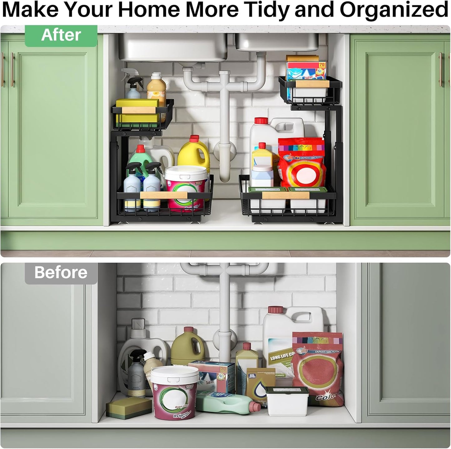 2-Tier Under-Sink Organizer with Sliding Drawers, Metal Cabinet Storage Rack for Kitchen, Bathroom, Pantry, and Closet - Black, Set of 2