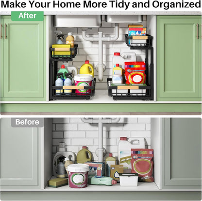 2-Tier Under-Sink Organizer with Sliding Drawers, Metal Cabinet Storage Rack for Kitchen, Bathroom, Pantry, and Closet - Black, Set of 2