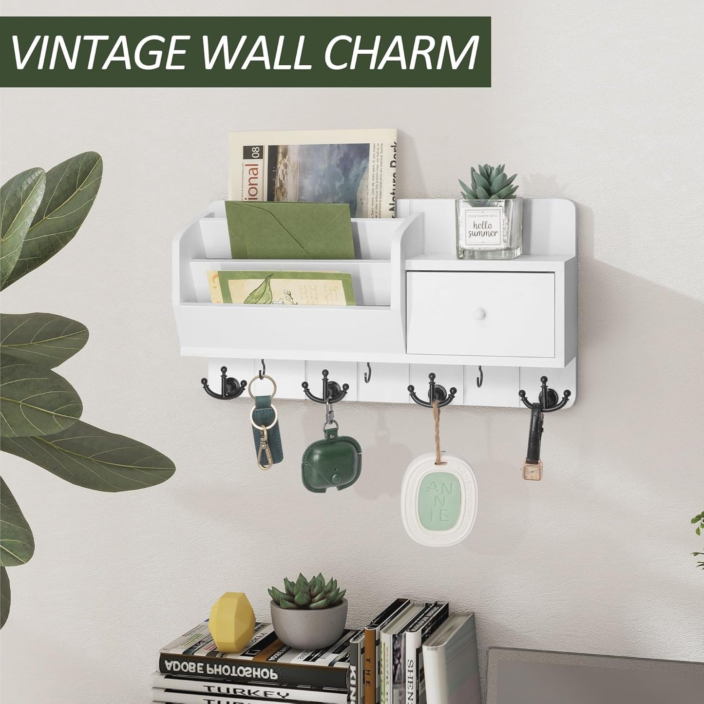 Key Holder Wall Mount and Mail Organizer : Farmhouse Key and Mail Holder for Wall with Drawer and 7 Key Hooks - Decorative Home Organization for Wall Decor Aesthetic (White)
