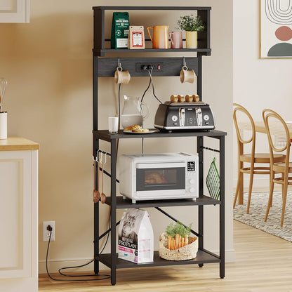 Bakers Rack with Power Outlet, Coffee Bar Table with Storage 5 Tiers, Standing Microwave Stand with 8 S-Shaped Hooks, Kitchen Storage Shelf Rack for Spices | Standing Microwave Stand with 8 S-Shaped Hooks, Kitchen Storage Shelf Rack for Spices