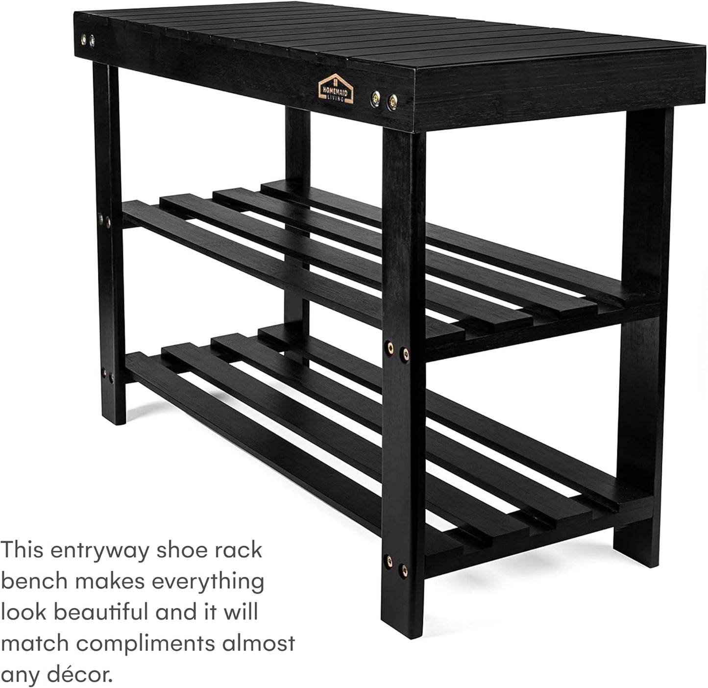 Bamboo 3 Tier Shoe Rack Bench, Premium Shoe Organizer or Entryway Bench, Perfect for Shoe Cubby, Entry Bench, Bathroom Bench, Entryway Organizer, Hallway or Living Room(Black)
