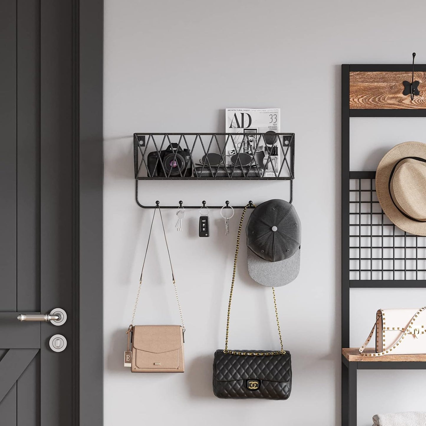 Entryway Mail Holder with Key Hooks, 14" L×4.7" W×6.5" H, Wall Mounted Matte Black Metal Wire Mesh Storage Basket with 6 Hooks, Easy to Organize Letters, Magazines, Keys, Leashes for Entryway