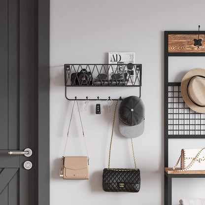 Entryway Mail Holder with Key Hooks, 14" L×4.7" W×6.5" H, Wall Mounted Matte Black Metal Wire Mesh Storage Basket with 6 Hooks, Easy to Organize Letters, Magazines, Keys, Leashes for Entryway