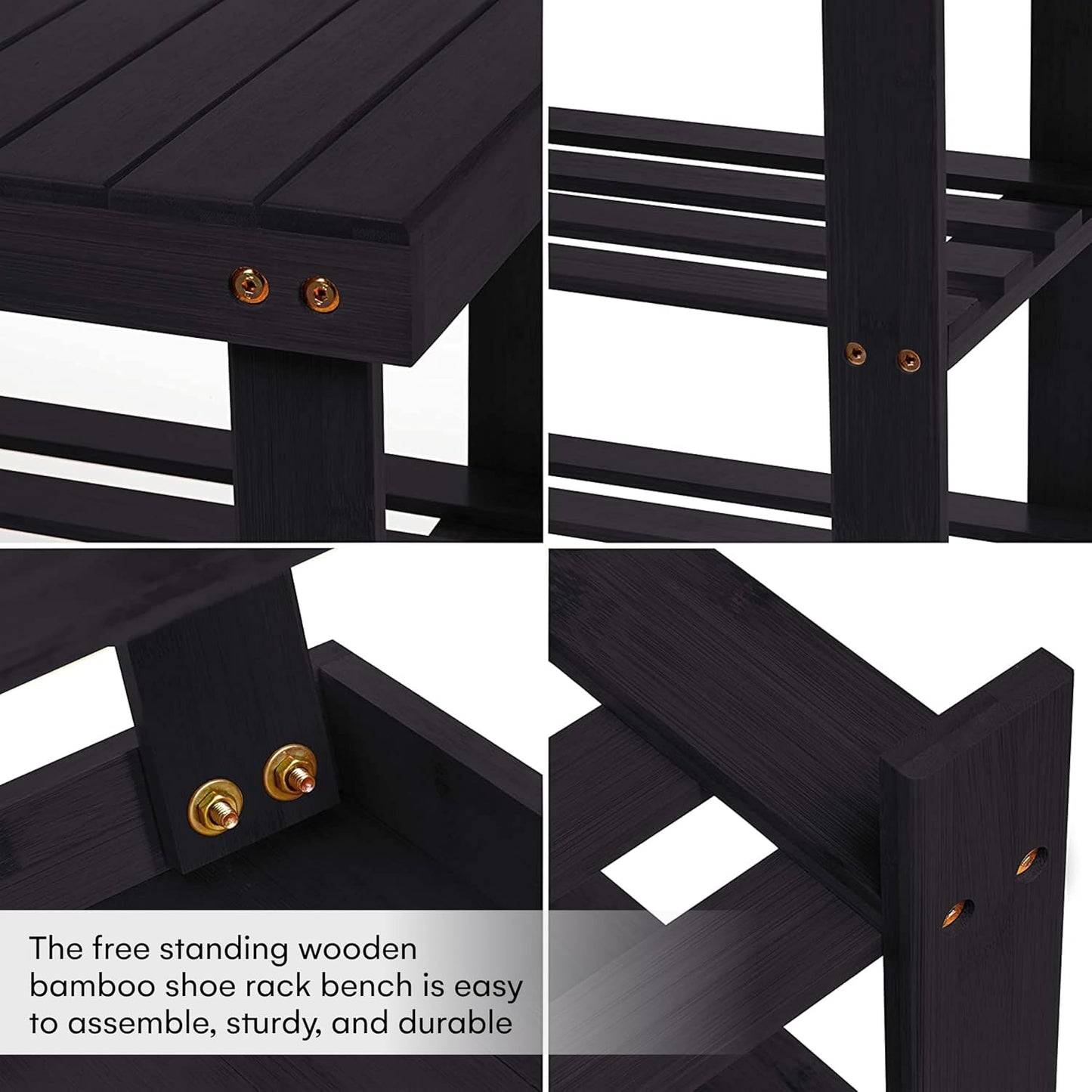 Bamboo 3 Tier Shoe Rack Bench, Premium Shoe Organizer or Entryway Bench, Perfect for Shoe Cubby, Entry Bench, Bathroom Bench, Entryway Organizer, Hallway or Living Room(Black)