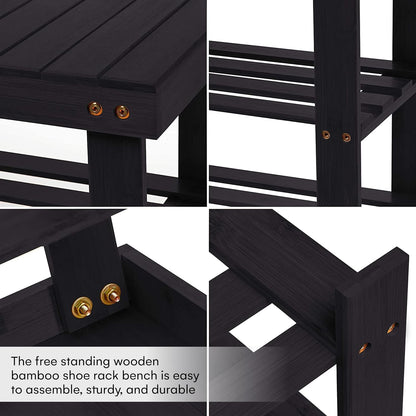 Bamboo 3 Tier Shoe Rack Bench, Premium Shoe Organizer or Entryway Bench, Perfect for Shoe Cubby, Entry Bench, Bathroom Bench, Entryway Organizer, Hallway or Living Room(Black)