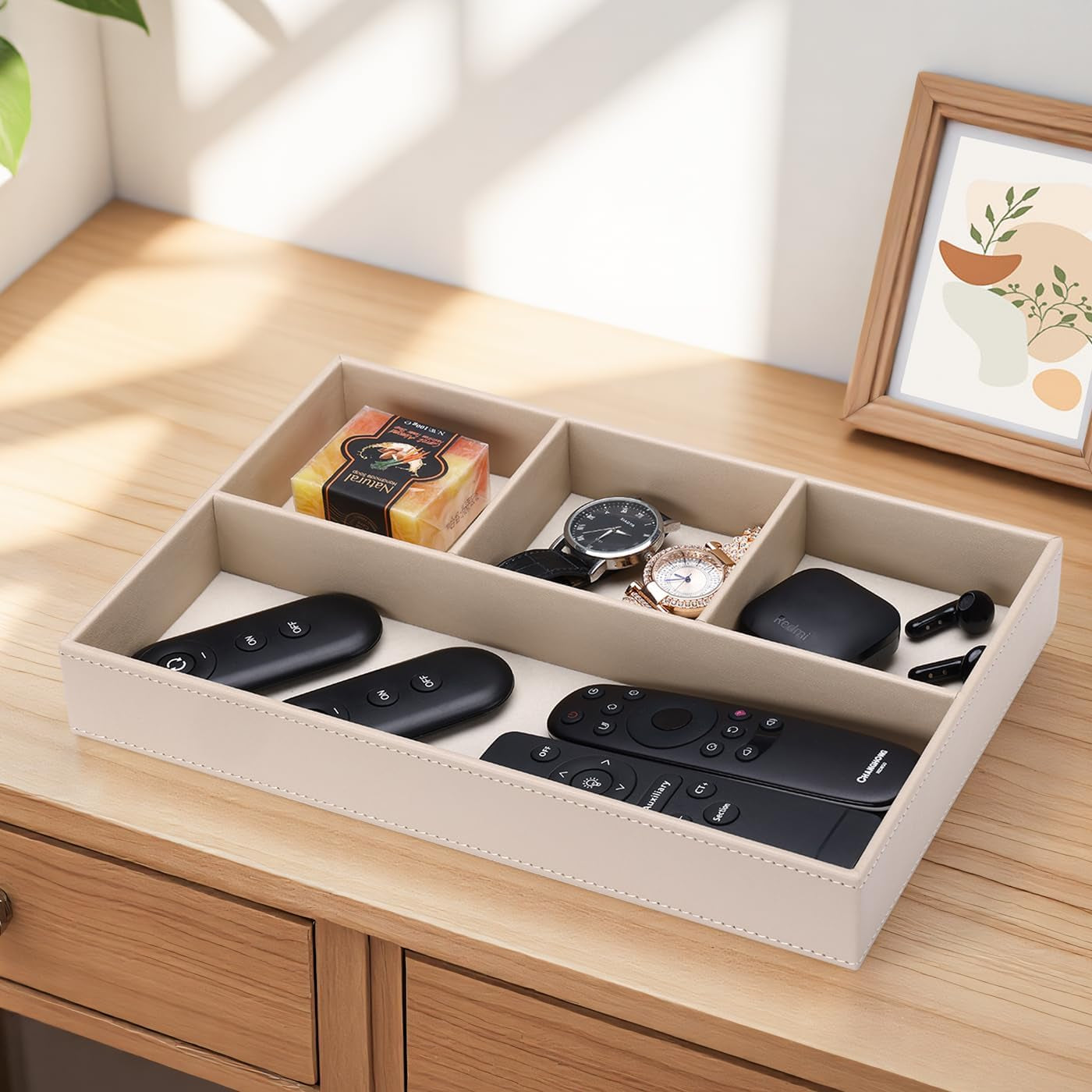 PU Leather Valet Tray, Stackable Jewelry Trays for Dresser, Drawer Nightstand Organizer Bedside Trays for Men Women, Entryway Desk Catchall Tray for Trinket, Key, Purse, Watch, Cologne, Beige