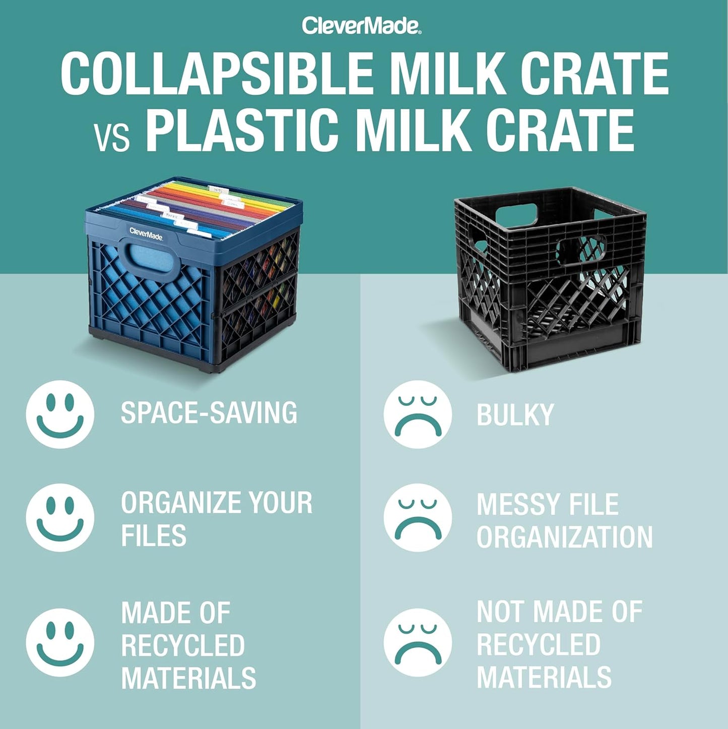 Collapsible Milk Crate, 25L Storage Crate, Holds 50 Lb, Obsidian | Organize Files, Groceries, and Gear in One Crate | Built-In Rails Hold Letter Folders, While the Frame Stacks Securely