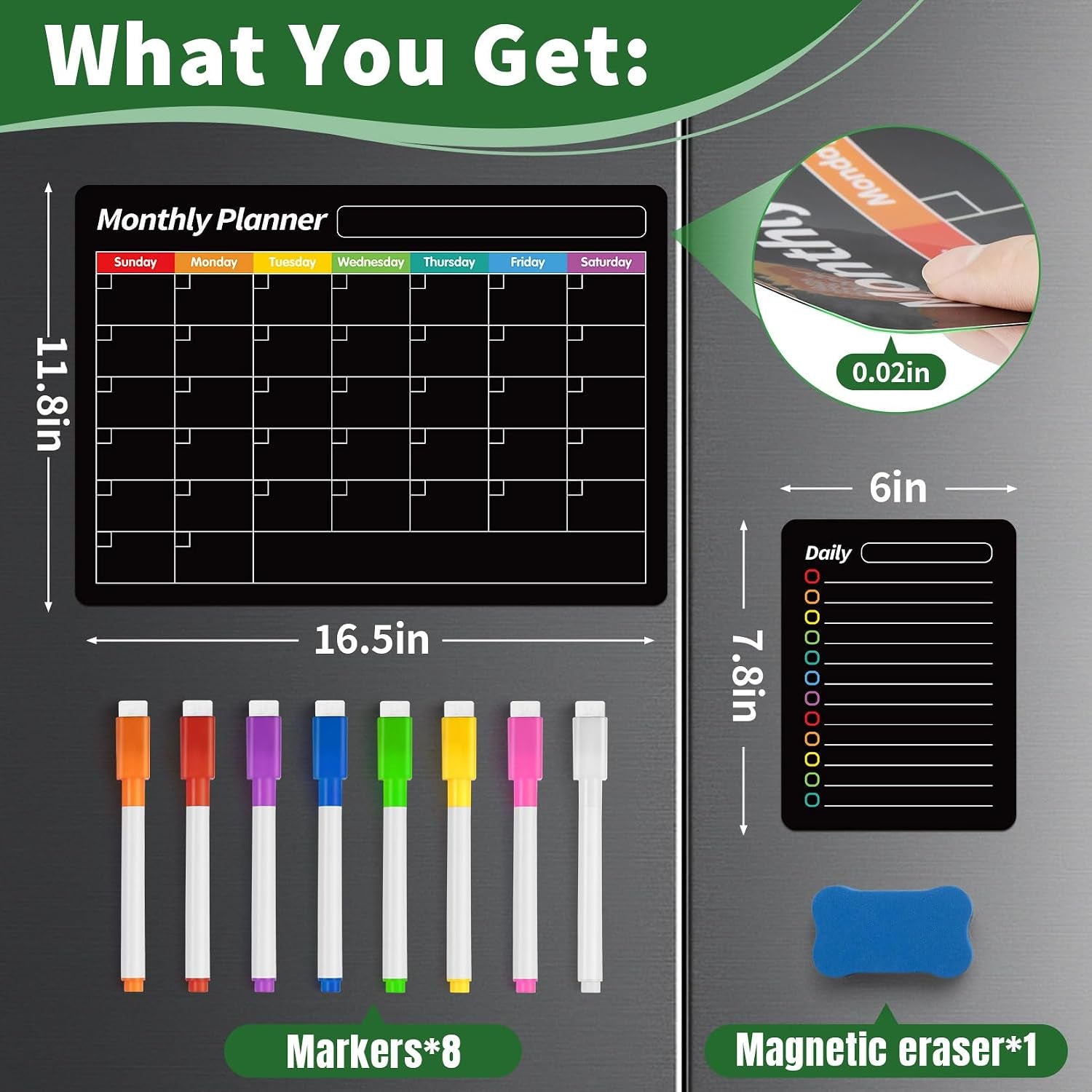 4 Pack Fridge Calendar, Magnetic Calendar for Dry Erase, Black | Magnetic Dry Erase Board, Monthly Calendar for Fridge with 8 Markers & Eraser