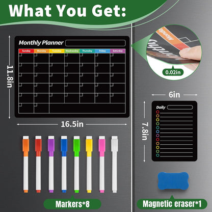 4 Pack Fridge Calendar, Magnetic Calendar for Dry Erase, Black | Magnetic Dry Erase Board, Monthly Calendar for Fridge with 8 Markers & Eraser