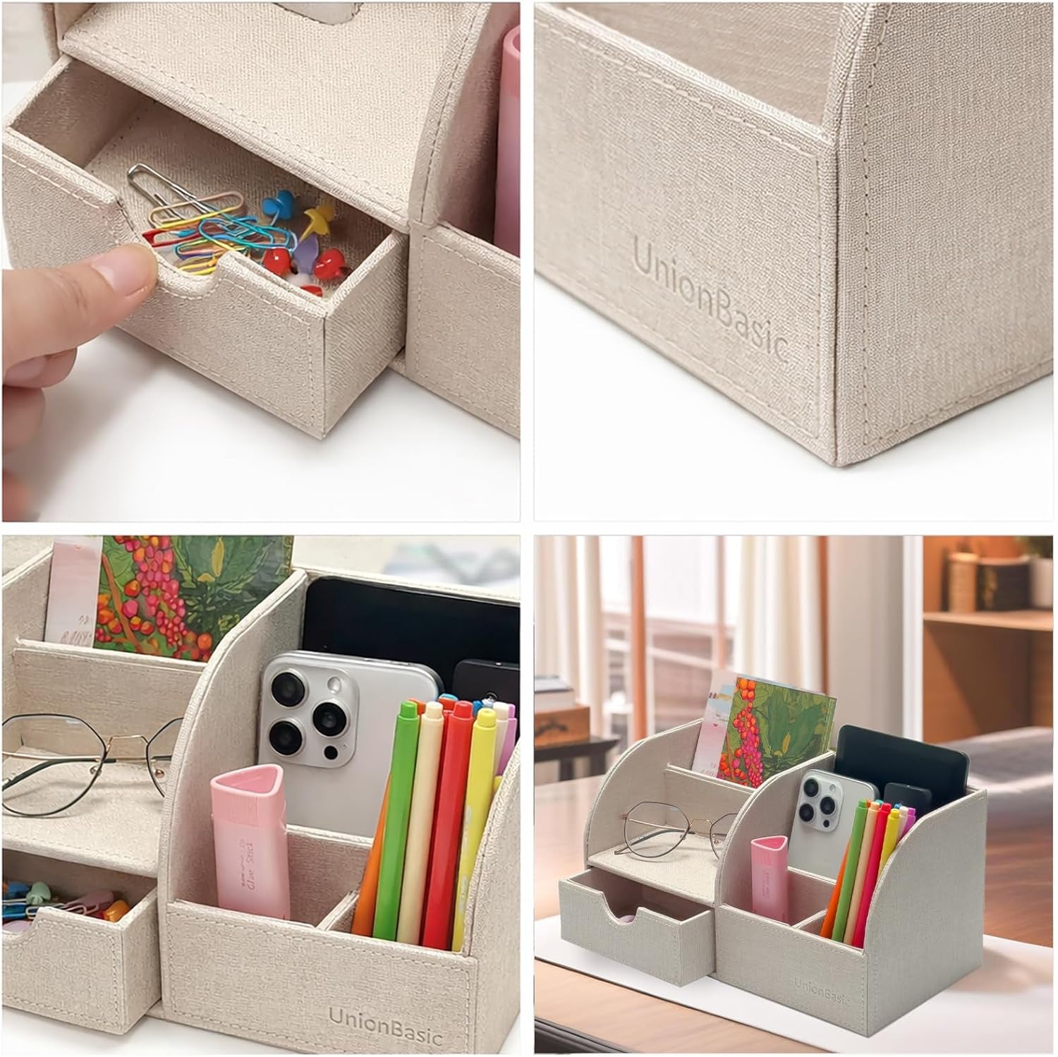 Multifunctional Leather Desk Organizer - Elegant Storage Solution for Pens, Business Cards, Mobile Phones, and Stationery, Beige