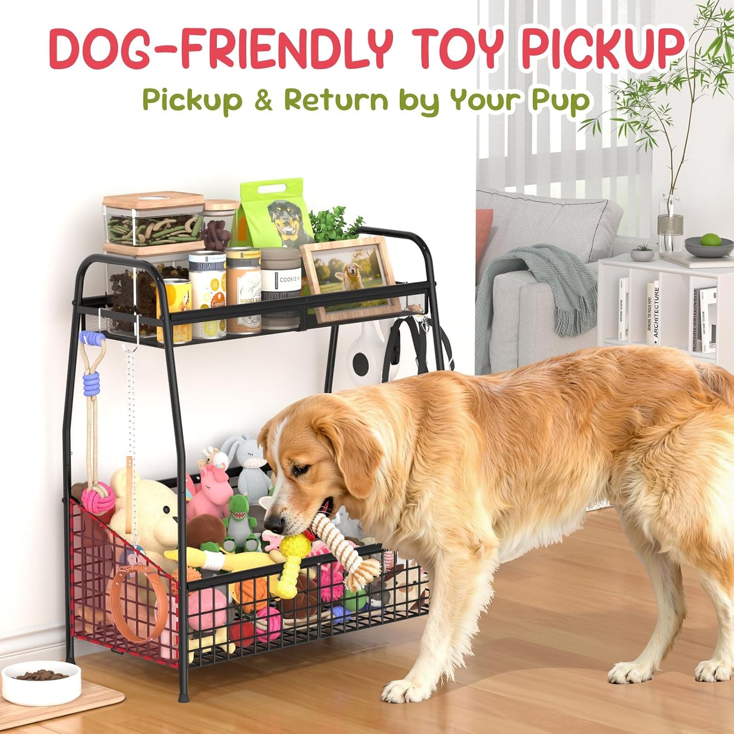 Indestructible Large Dog Toy Basket, Toy Box for Dogs,Pet Toys Bin Dog Metal Wire Basket for Toys, Food Storage, Storage Organizer Chest Storage, Toy Box for Living Room Area (Black)
