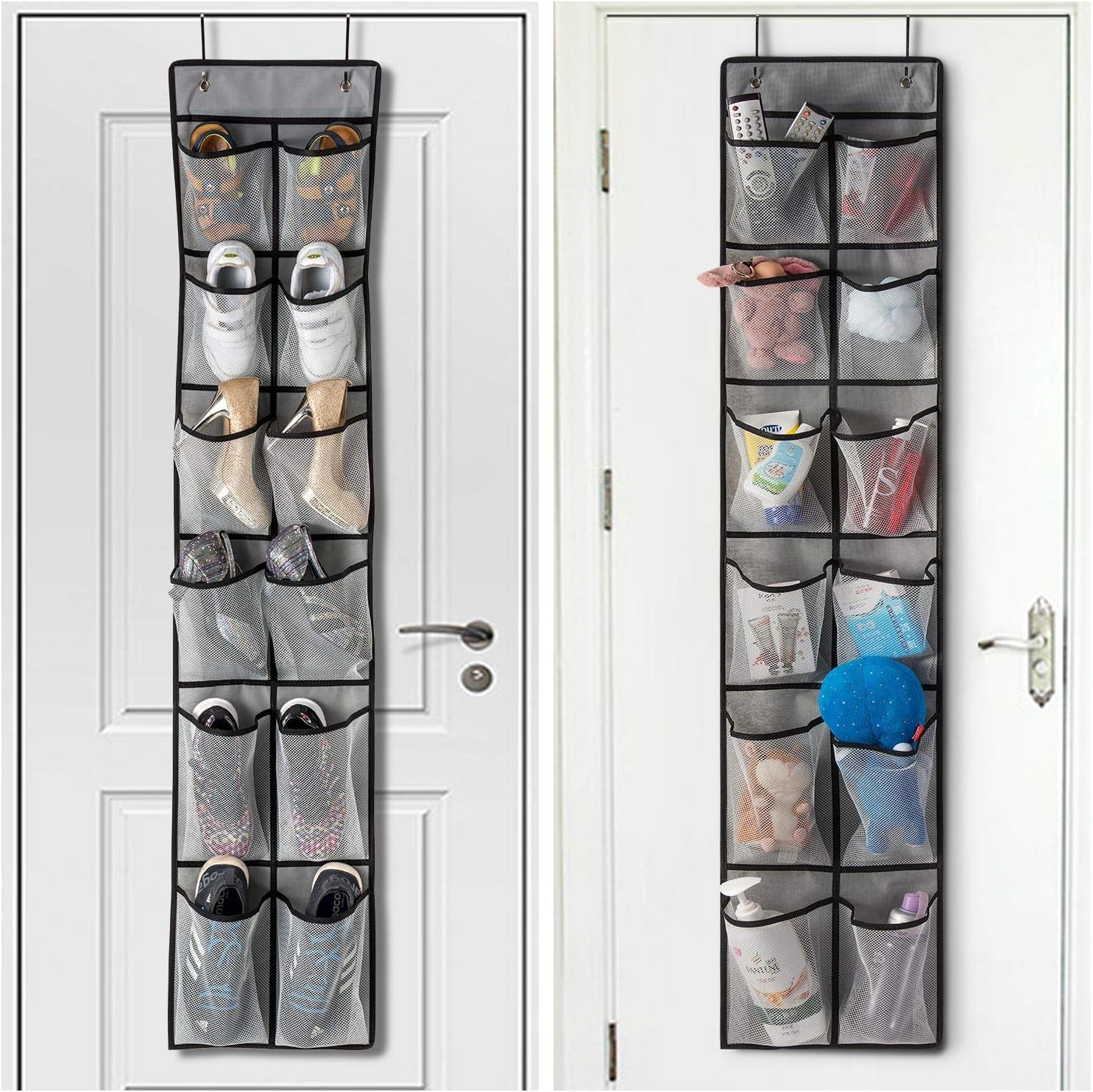 over the Door Shoe Organizer 2 Pack,Mesh Pockets Hanging Shoe Rack over the Door,Shoe Storage Closet with 4 Hooks,Washable and Breathable Fabic,Large Size 57.5×12.6Inch(Grey)