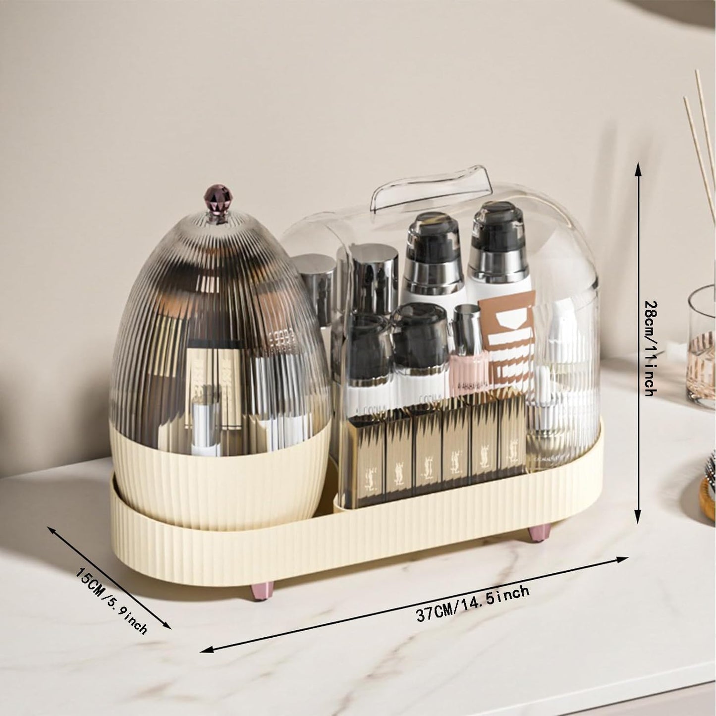 Rotating Vanity Makeup Organizer with Brush Holder and Cosmetic Storage for Lotions, Large Spinning Skincare Organizer (15x11 inches)