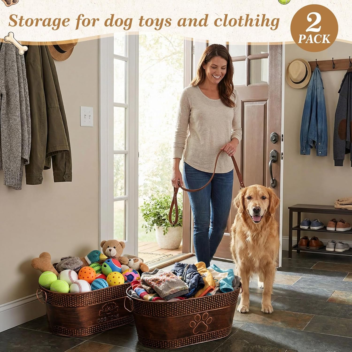 2 Pack Metal Dog Toy Basket Large Copper Oval Puppy Toy Box with Handles Durable Galvanized Dog Bin for Pet Blankets Leashes Storage Living Room Area (21 Quart)