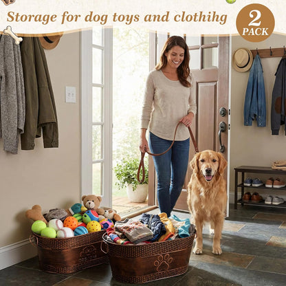 2 Pack Metal Dog Toy Basket Large Copper Oval Puppy Toy Box with Handles Durable Galvanized Dog Bin for Pet Blankets Leashes Storage Living Room Area (21 Quart)