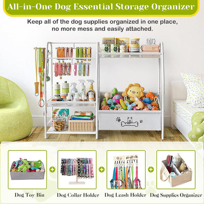 Large Dog Toy Basket with Dog Storage Organizer, Trapezoid Dogs Toy Bin Box with Collar Leash Holder Hook, Toy Holder Chest Pet Storage Cabinet for Living Room, Dogs Essentials for Pet Lovers Gift