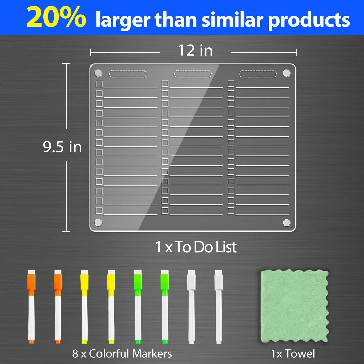 Acrylic Magnetic to Do List Whiteboard for Fridge, 12X9.5 Inch | 3 Columns Clear Dry Erase Board for Tasks and Notes; Fits Curved Doors; Embedded Magnets; 8 Wet-Erase Markers and Towel