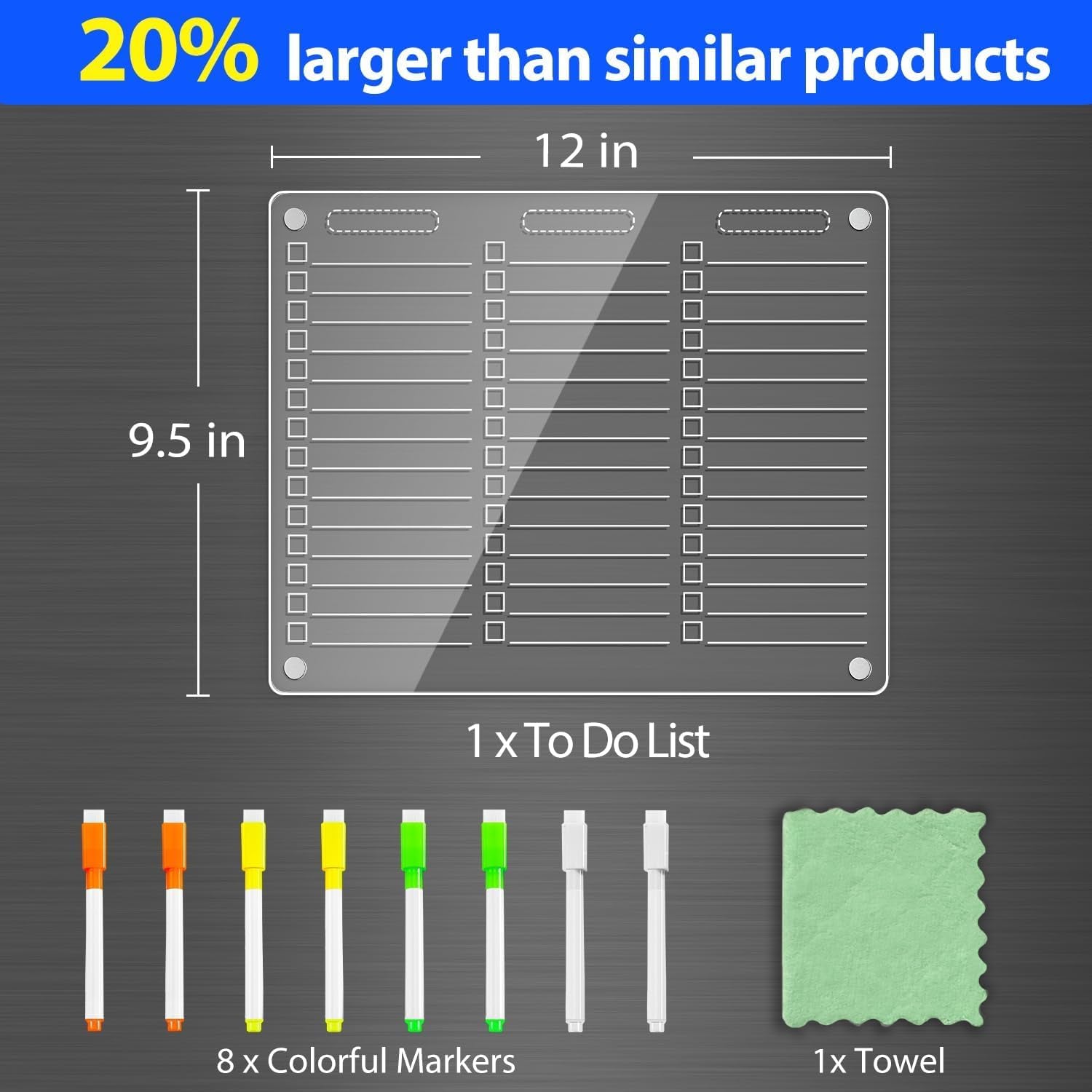 Acrylic Magnetic to Do List Whiteboard for Fridge, 12X9.5 Inch | 3 Columns Clear Dry Erase Board for Tasks and Notes; Fits Curved Doors; Embedded Magnets; 8 Wet-Erase Markers and Towel