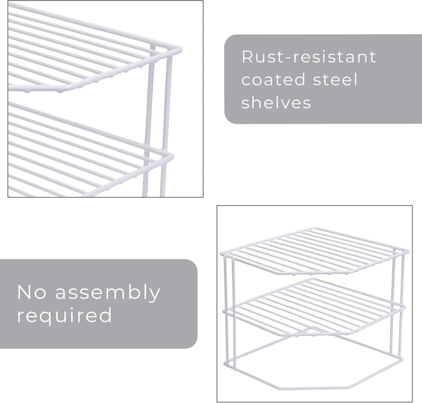 3-Tier Corner Kitchen Shelf Rack - Rust-Resistant Steel Wire Organizer for Plates and Dishes - Ideal for Cabinets and Pantries (9 x 8 Inches) [White]