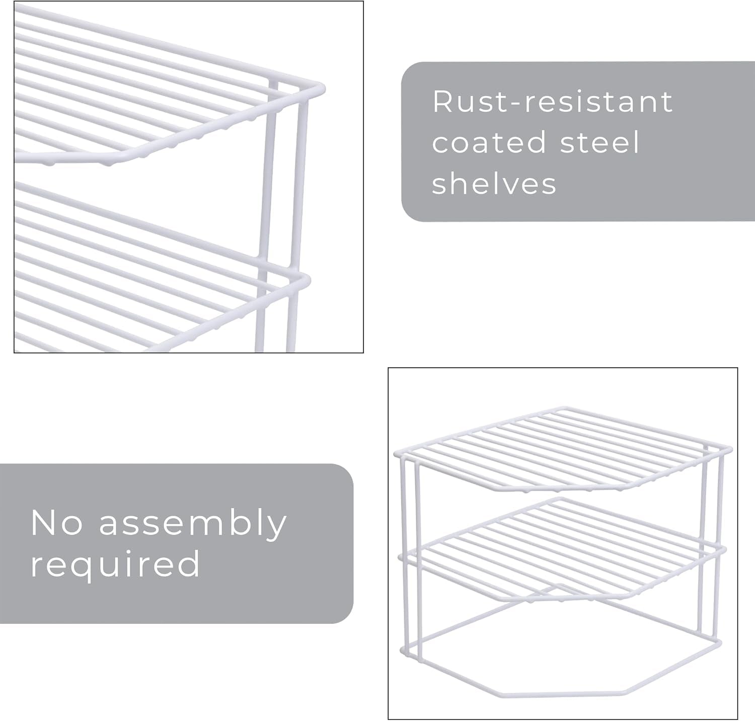 3-Tier Corner Kitchen Shelf Rack - Rust-Resistant Steel Wire Organizer for Plates and Dishes - Ideal for Cabinets and Pantries (9 x 8 Inches) [White]