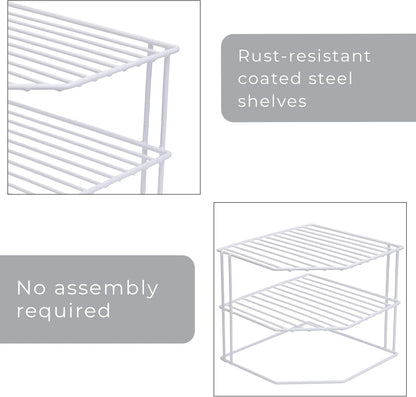 3-Tier Corner Kitchen Shelf Rack - Rust-Resistant Steel Wire Organizer for Plates and Dishes - Ideal for Cabinets and Pantries (9 x 8 Inches) [White]