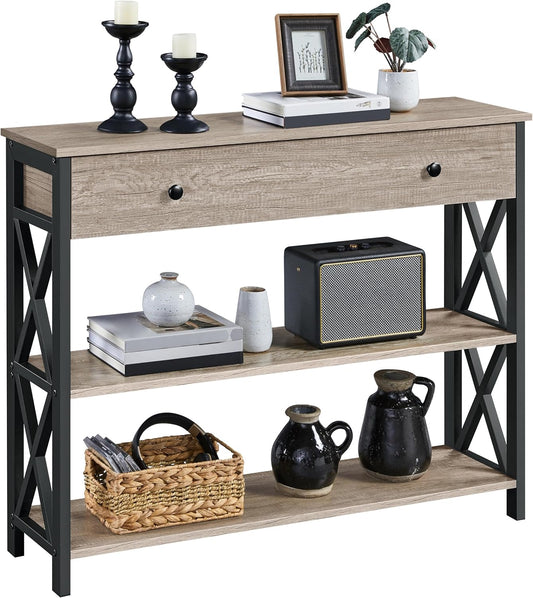 Yaheetech Console Table with Drawer, Entryway Table with 3 Tier Storage Shelves, Narrow Long Sofa Table for Entryway, Living Room, Hallway, Couch, Kitchen, Metal Frame, Gray